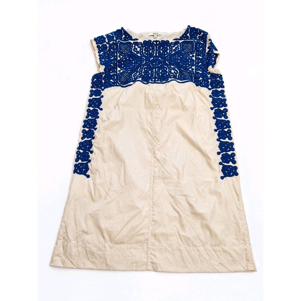 MADEWELL Casita Shift Dress Blue Embroidered Ivory Sz Medium Boho Vacation